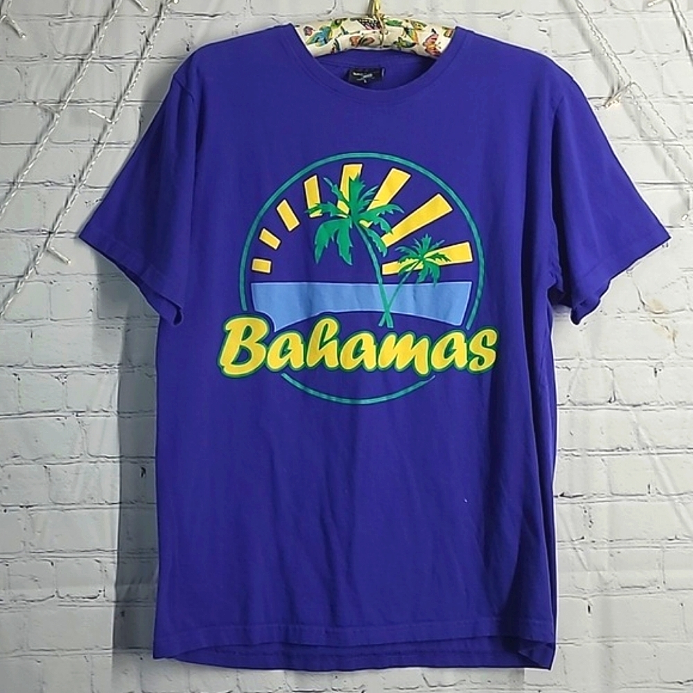 Vintage 90s Bahamas Rising Sun Beach Tropical Graphic Print Navy Blue Tee Mens L